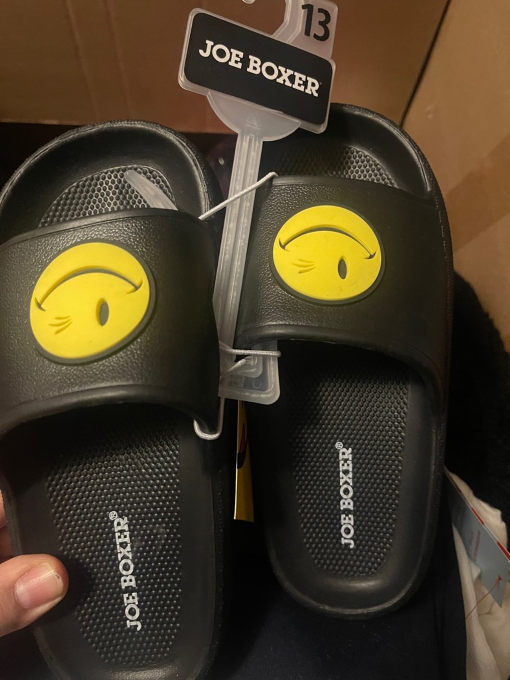 Joe Boxer Black Slides with Yellow Winking Emoji